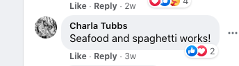 Facebook comment about Seafood & Spaghetti Works